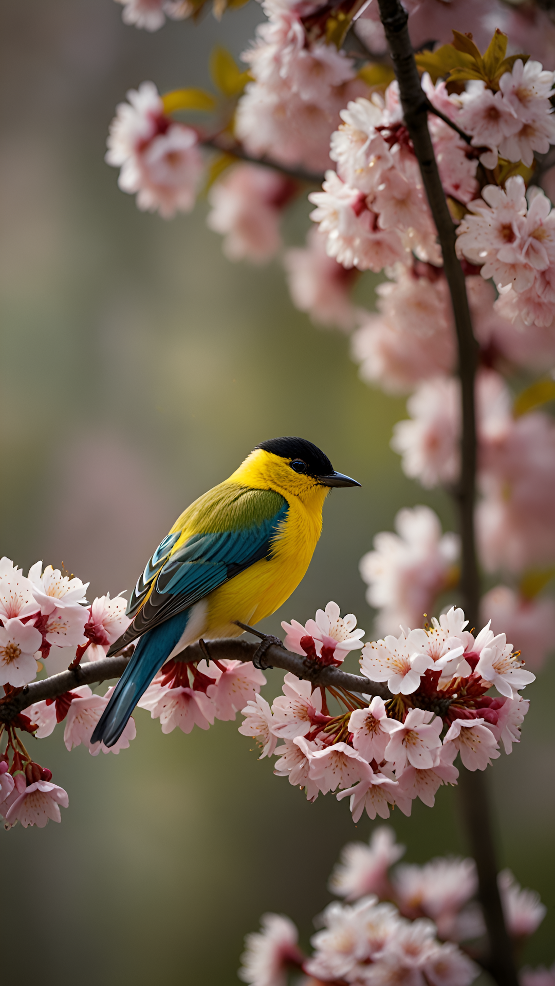 Yellow Black Capped Bird Perched Cherry Blossom Branch - Free 4K mobile Wallpaper