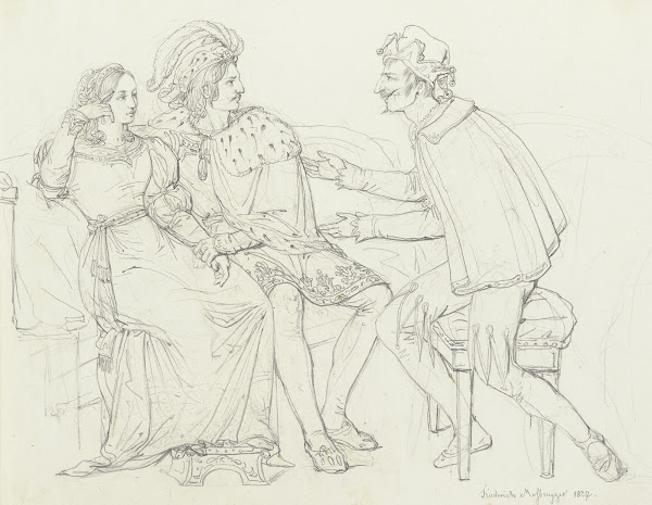 Ein Paar auf einem Sofa unterhält sich mit einem Narren 1827