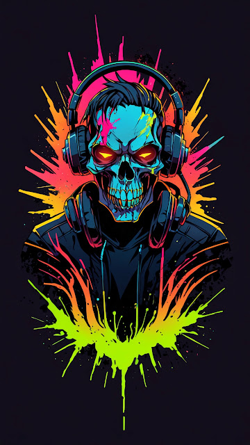 Neon Skull DJ with Headphones and Fluorescent Paint Splatter - Free mobile Wallpaper