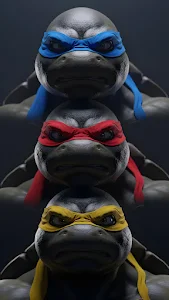 Gritty 3D Render of Three Stacked Ninja Turtle Heads with Colored Masks