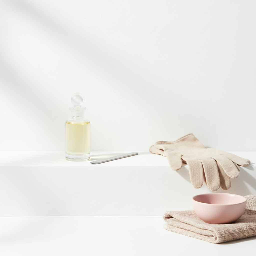 Minimalistische Badezimmerablage mit Nagelhautöl, Feile, Baumwollhandschuhen und pastellfarbenen Accessoires zur Pflege schwacher Nägel