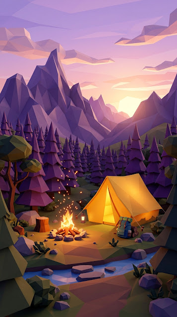 Low Poly Camping Scene with Tent, Campfire, and Sunset Mountains - Free mobile Wallpaper