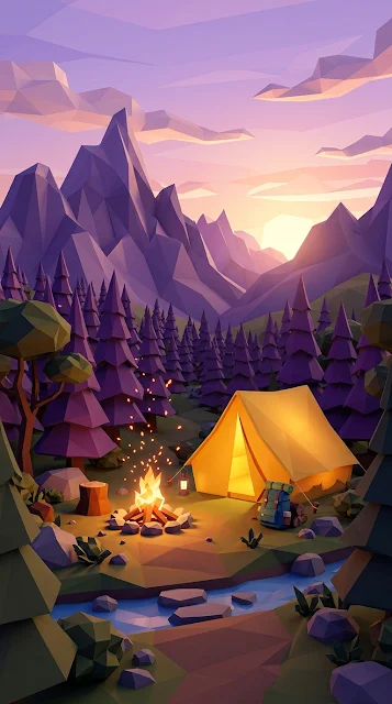 Low Poly Camping Scene with Tent, Campfire, and Sunset Mountains