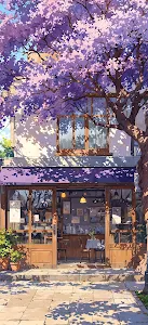 Cozy Cafe Exterior Under Blooming Purple Tree