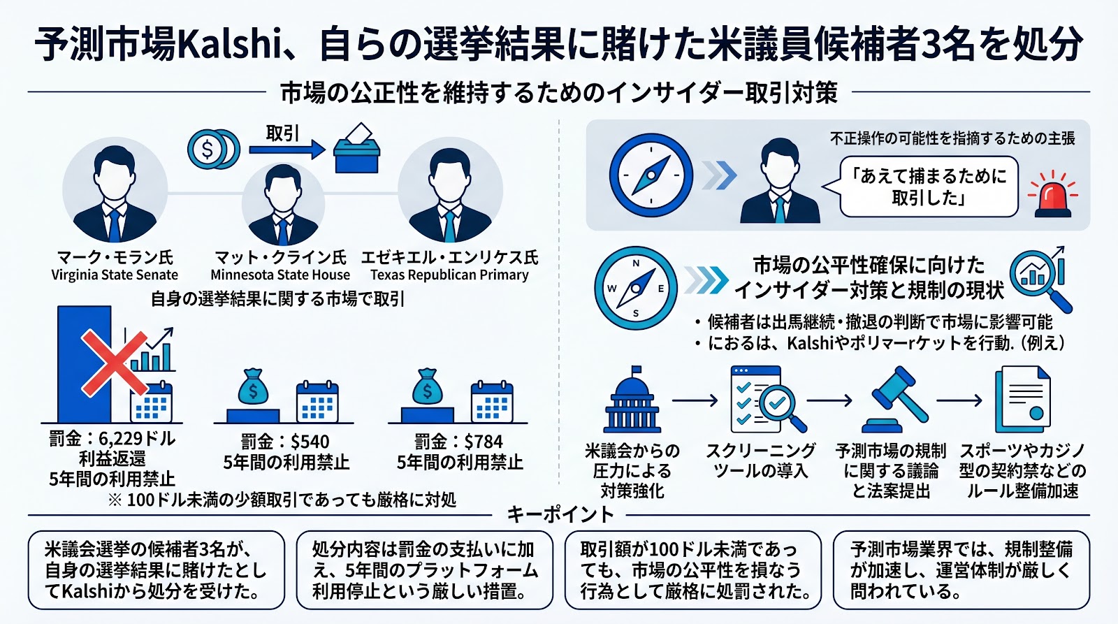 予測市場Kalshi、自らの選挙結果に賭けた米議員候補者3名を処分