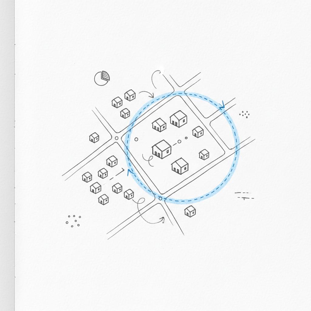 Close-up hand-drawn neighborhood map on white notebook page with blue highlighted radius marking nearby reach, illustrating downsides of Nextdoor local community reach.