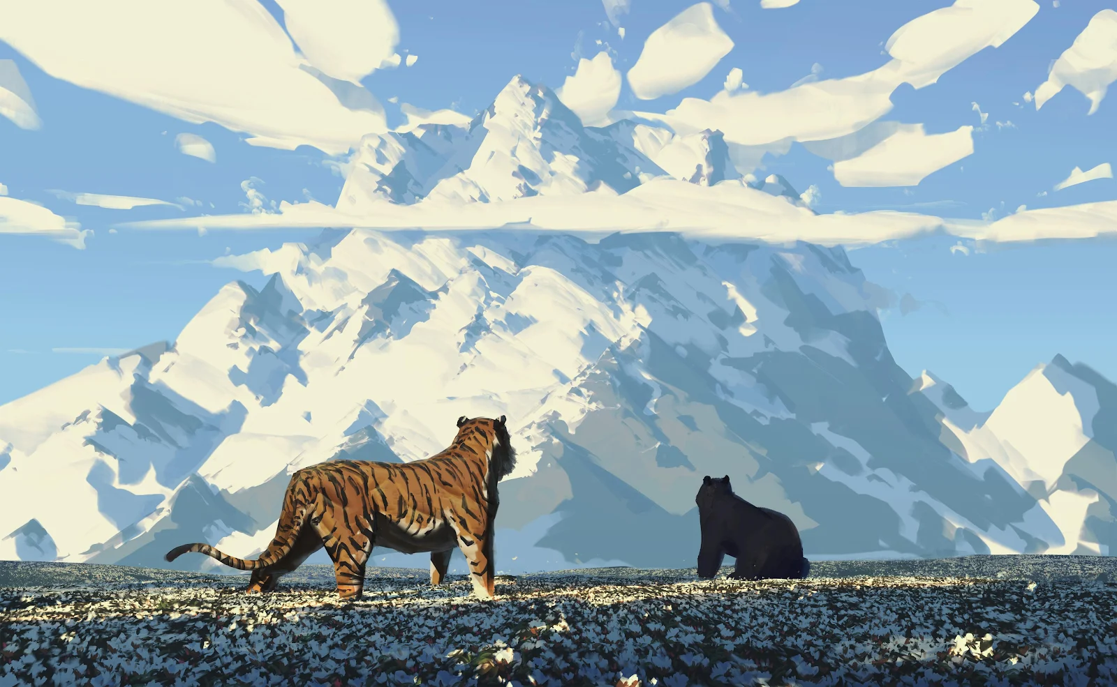Tiger And Bear Mountain View - Digital Painting 4K Wallpaper (3840x2364)