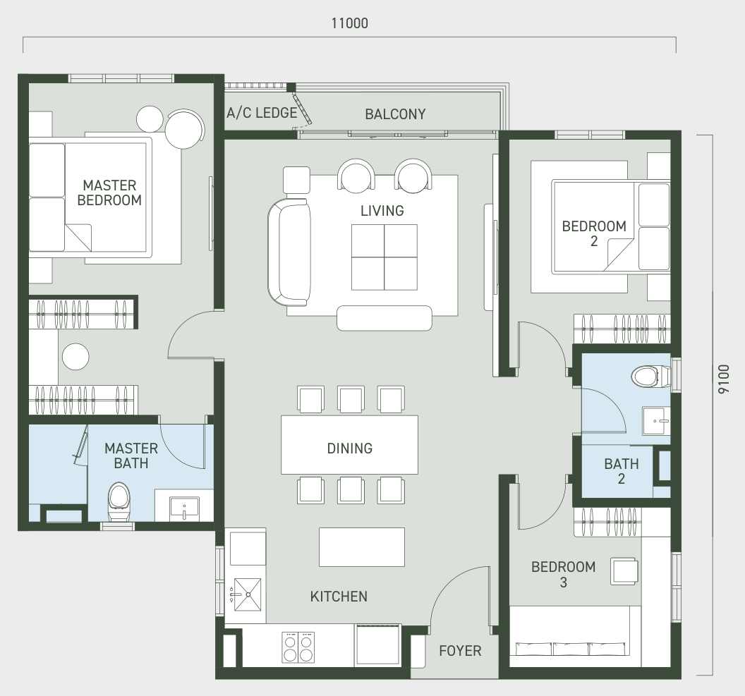 Type B floor plan, 1062 sqft