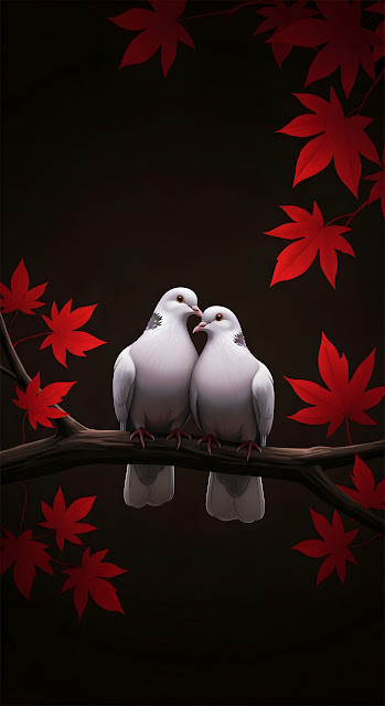 High Contrast White Doves on Branch with Bright Red Leaves and Dark Background - Free mobile Wallpaper