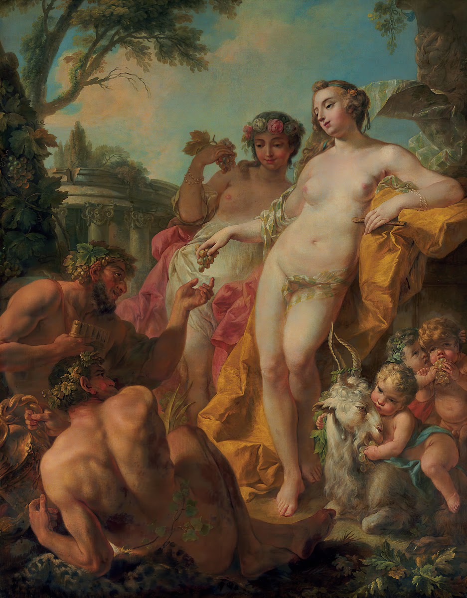 Bacchic figures in a classical landscape