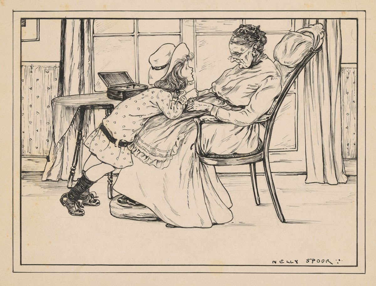 Meisje leunt tegen een oude vrouw in een interieur 1895   1950
