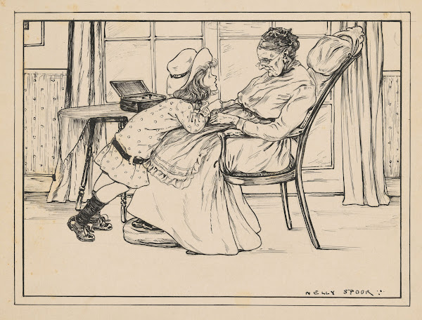 Meisje leunt tegen een oude vrouw in een interieur 1895   1950