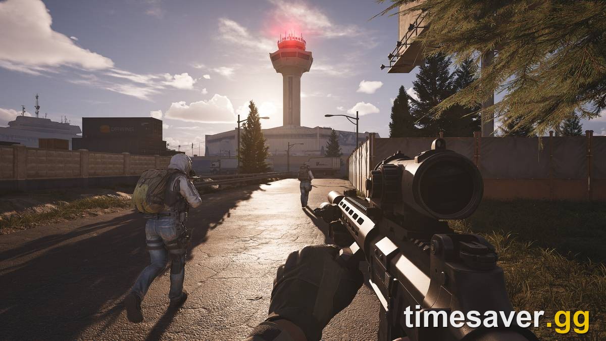 First-person raid in Arena Breakout: Infinite near the Airport control tower — the open-raid stakes the Secure Case exists to soften