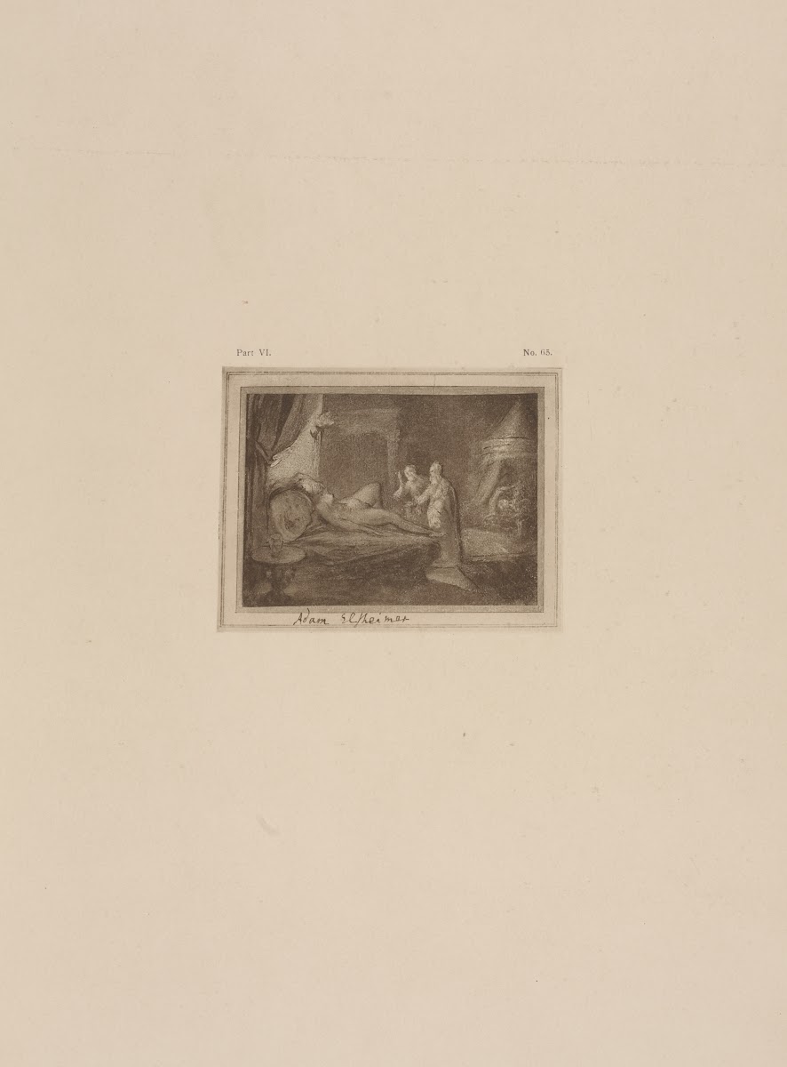 Drawing of reclining figure on a bed with two standing figures 1900