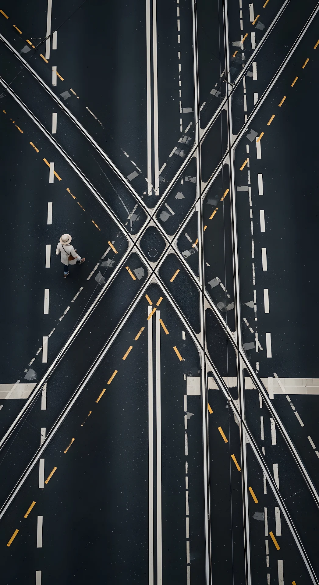 High-Angle Abstract View of a Solitary Pedestrian Walking on Wet Asphalt with Tram Tracks - Free 4K mobile Wallpaper