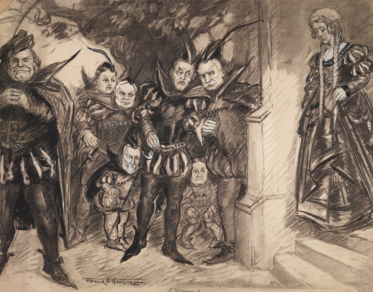 Several men dressed as villains with rapiers waiting for innocent Miss Democracy