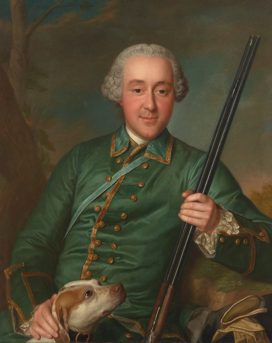 Portrait of Nicholas Anne de Lisle with a rifle and hunting dog