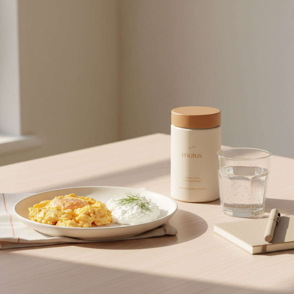 Minimal breakfast scene with two-egg scramble and cottage cheese beside Tonum Motus jar, glass of water and notebook — how much protein in eggs