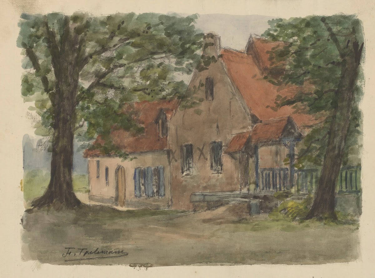 Maison campagnarde entrée couverte à droite deux arbres à lavant plan 1922