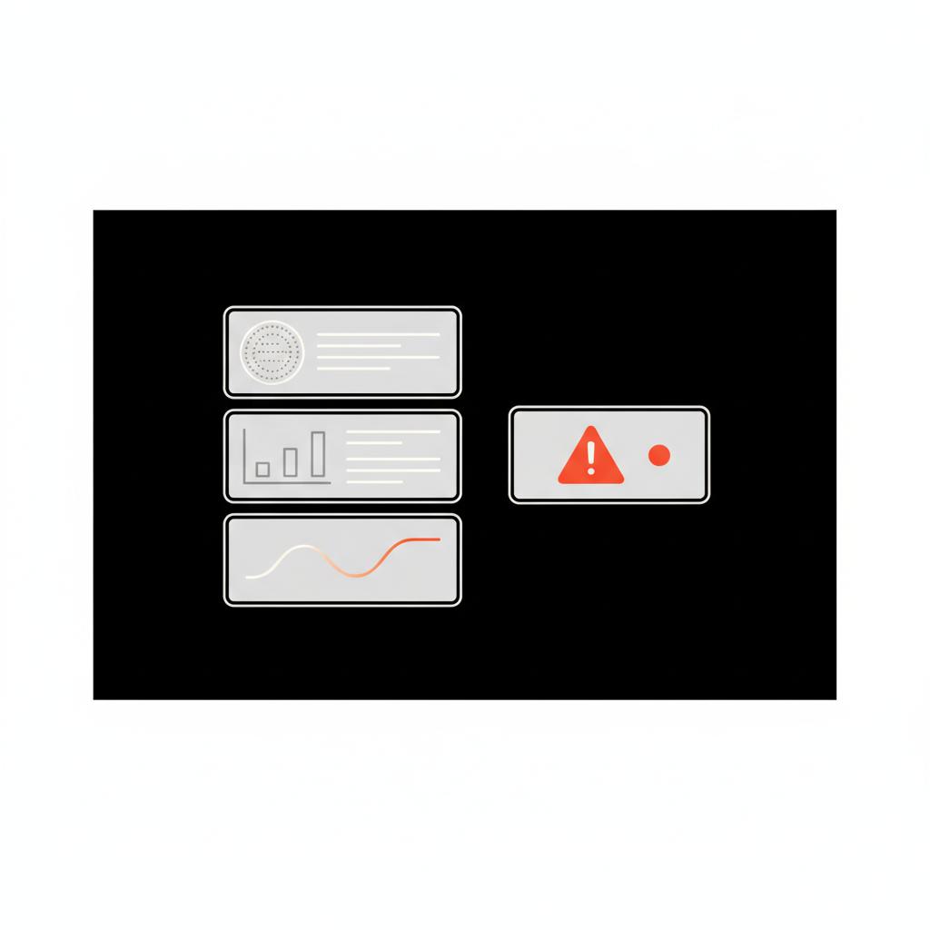 Minimal 2D vector infographic showing monitoring metrics and alert icons for Glassdoor review removal: review-count badge, sentiment trend sparkline and alert tile on black background.