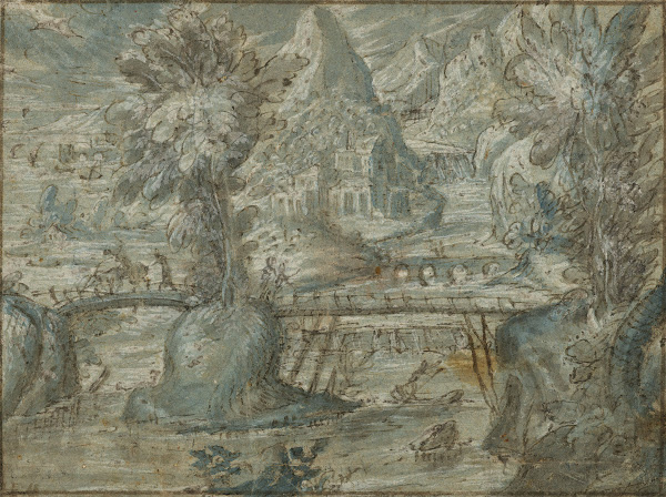 Paysage montagneux avec un pont au dessus de la rivière