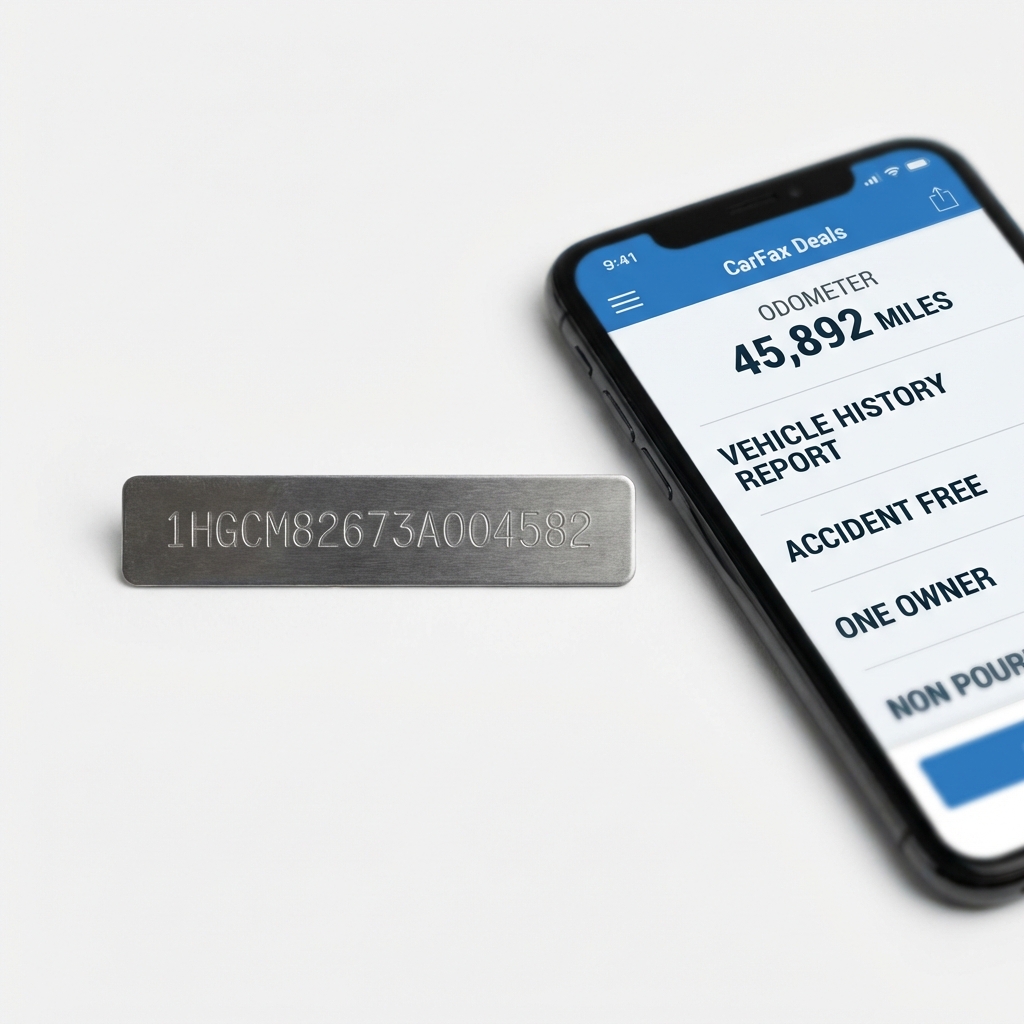 Close up of a VIN plate and smartphone screen showing an odometer and vehicle history report interface to trade car for car on a clean white background with blue accents