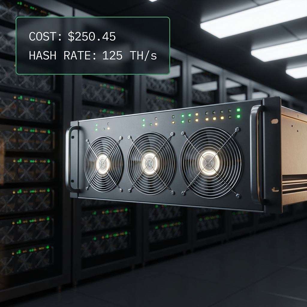 Close up of mining rigs in a modern server room with small UI labels for cost and hash rate, minimalist tech scene for blockchain stock monitoring