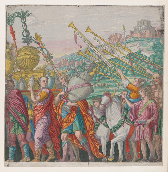 Men carrying trophies at left trumpeters at right 1599