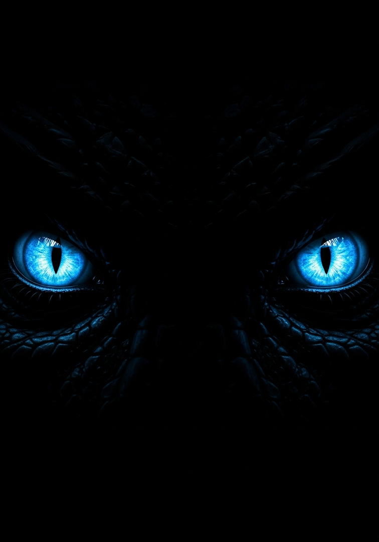 Glowing Blue Dragon Eyes in Darkness
