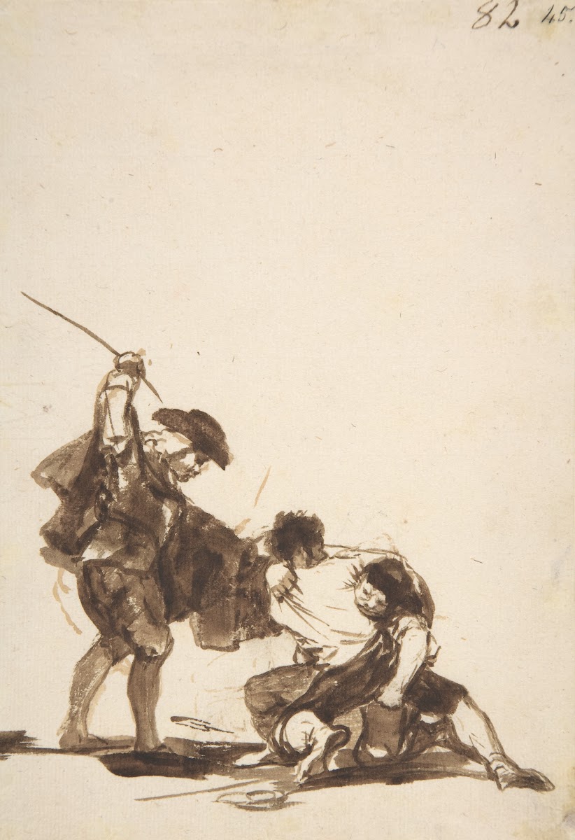 A man with a raised whip breaking up a fight between two figures ca 181220