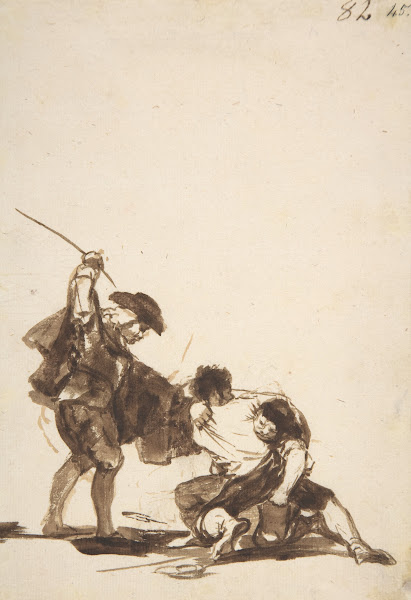 A man with a raised whip breaking up a fight between two figures ca 181220