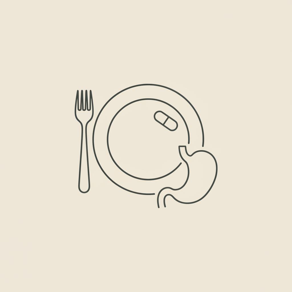 Minimal Tonum-style line illustration of a plate with fork, a small capsule and stylized stomach on beige background representing prescription appetite loss