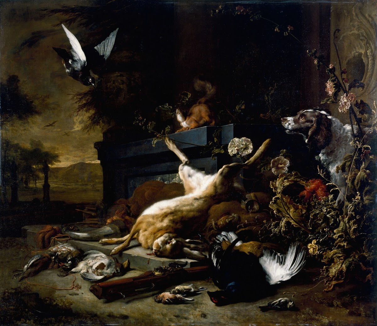 Still Life of Game including a Hare Black Grouse and Partridge a Spaniel looking