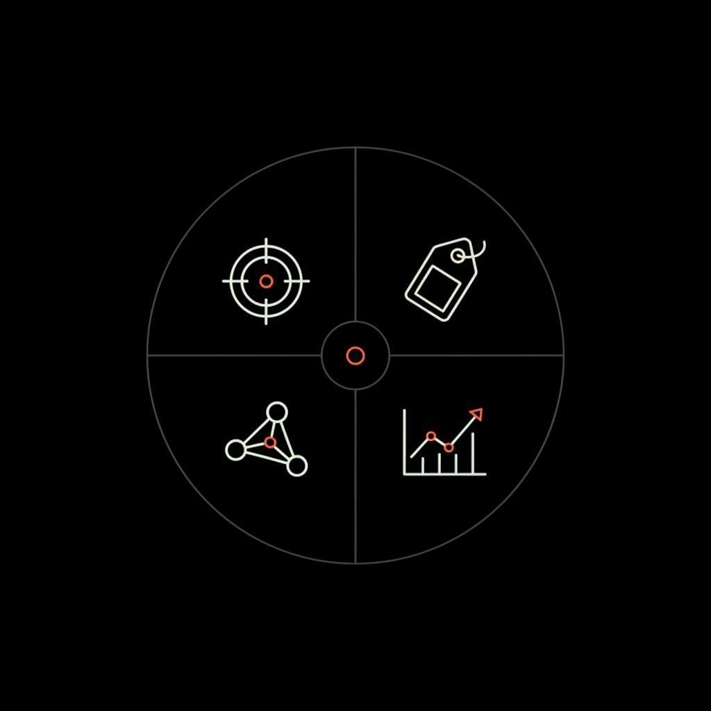 Minimal 2D vector circular four-part diagram with icons for branded, niche, community, trending on a black background with subtle #dc5c2b accents for hashtag strategy 2025.