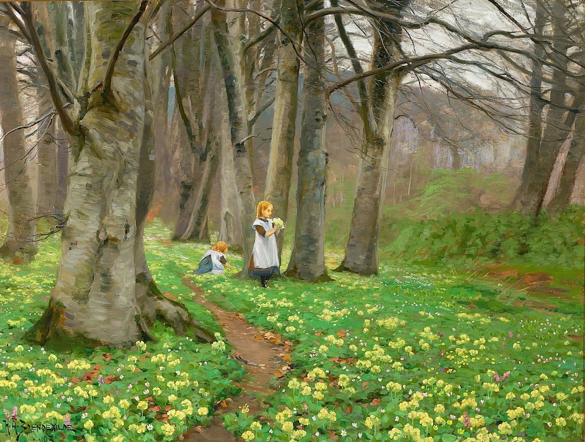 To piger plukker blomster i forårsskov 1903