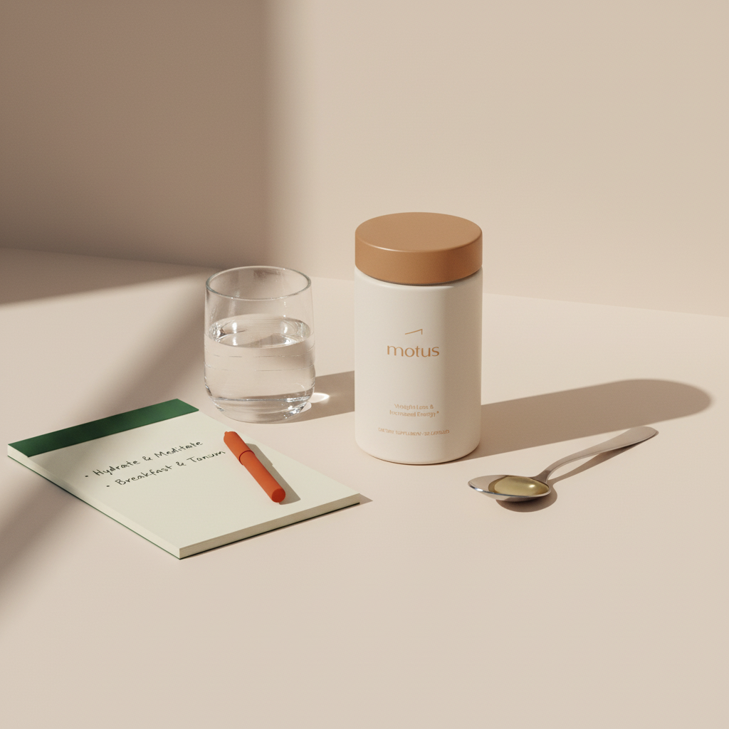 Tonum Motus supplement bottle next to a spoon of MCT oil, a minimalist daily-plan notepad and a glass of water on a pale beige tabletop - keto supplements for weight loss