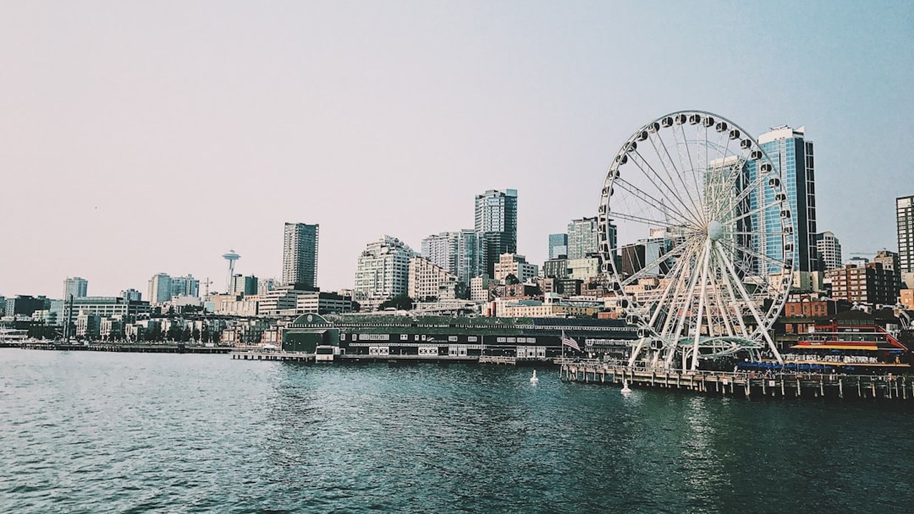 Seattle Waterfront promenade with the Seattle Great Wheel and downtown skyline along Elliott Bay