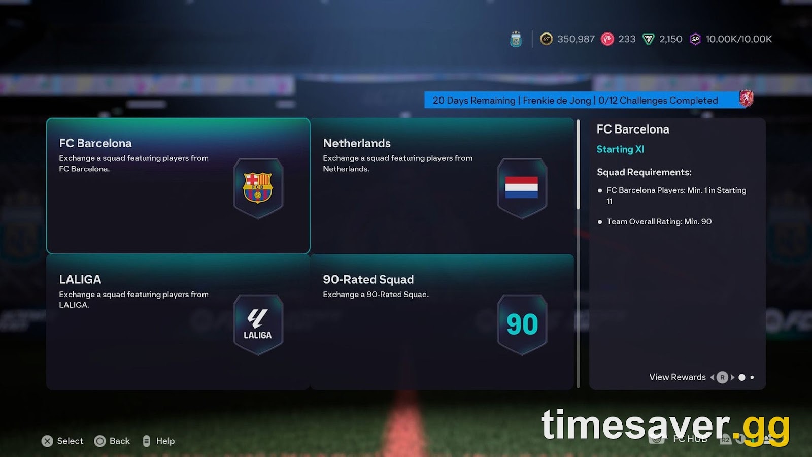 EA FC 26 Ultimate Team Squad Building Challenge menu showing squad requirements and minimum team rating