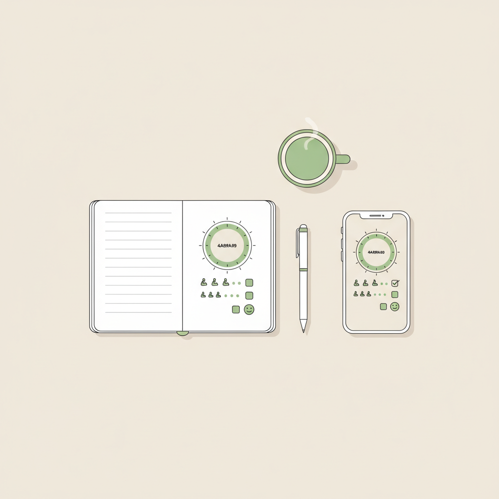 Minimalistische 2D-Vektorillustration mit Notizbuch, Stift, Tasse Tee und Smartphone mit symbolischer Trainings-Checkliste für sit-to-stand übung senioren.