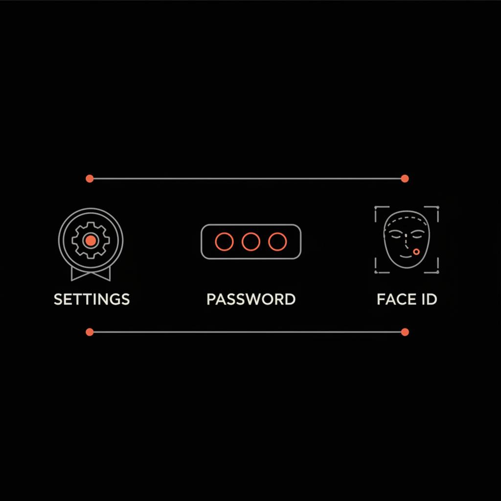 Infographic showing iPhone Settings icon, password entry field, and Face ID icon on a dark background — How to see Gmail password in iPhone?