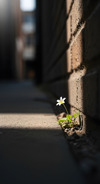 Tiny White Flower Growing in Concrete Crack Sunlight - Free mobile Wallpaper