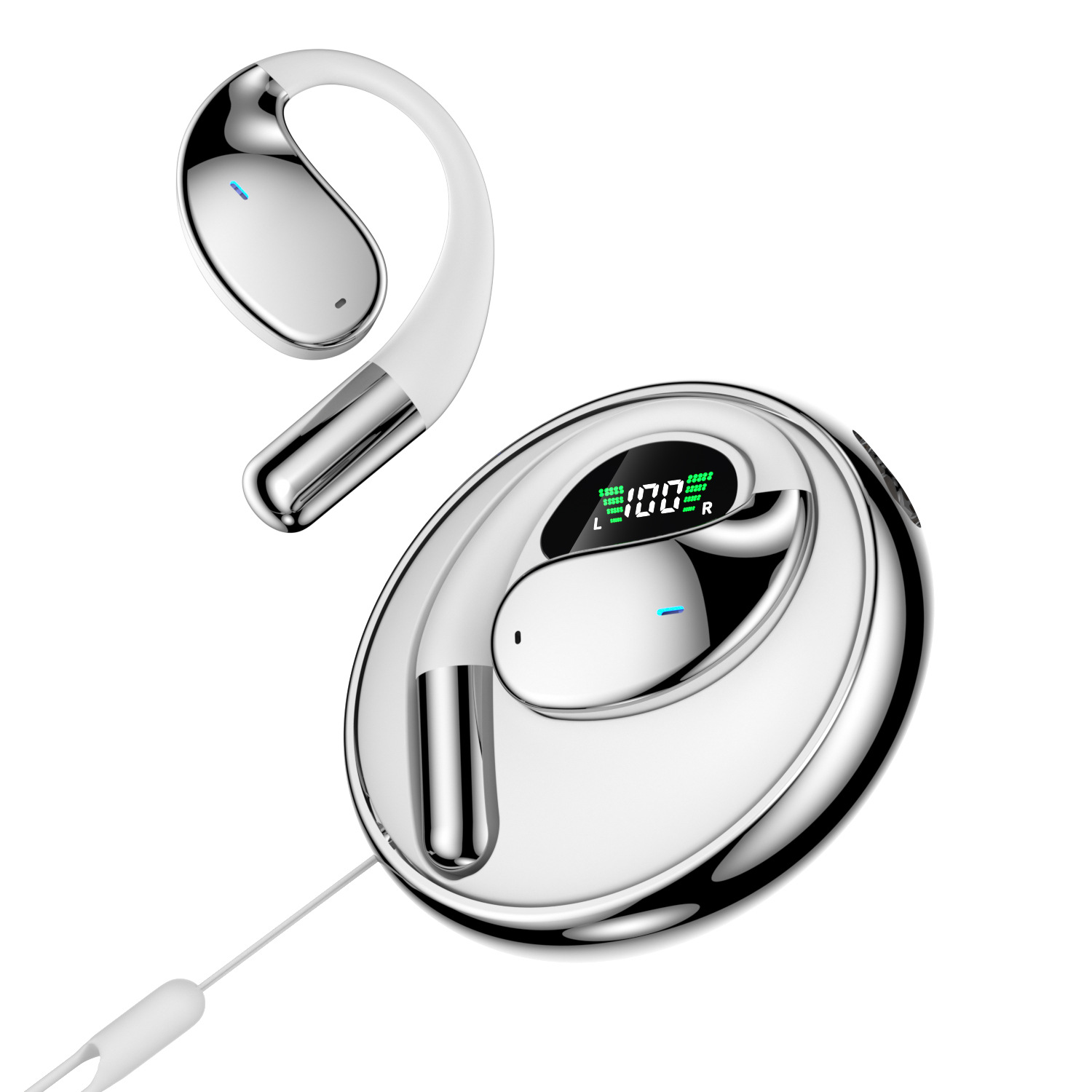 Open wireless earbuds to hang on