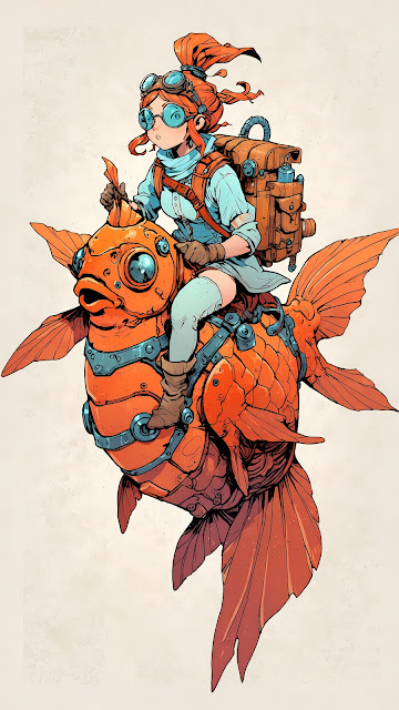 Steampunk Adventurer Riding a Mechanical Goldfish Mount - Free mobile Wallpaper