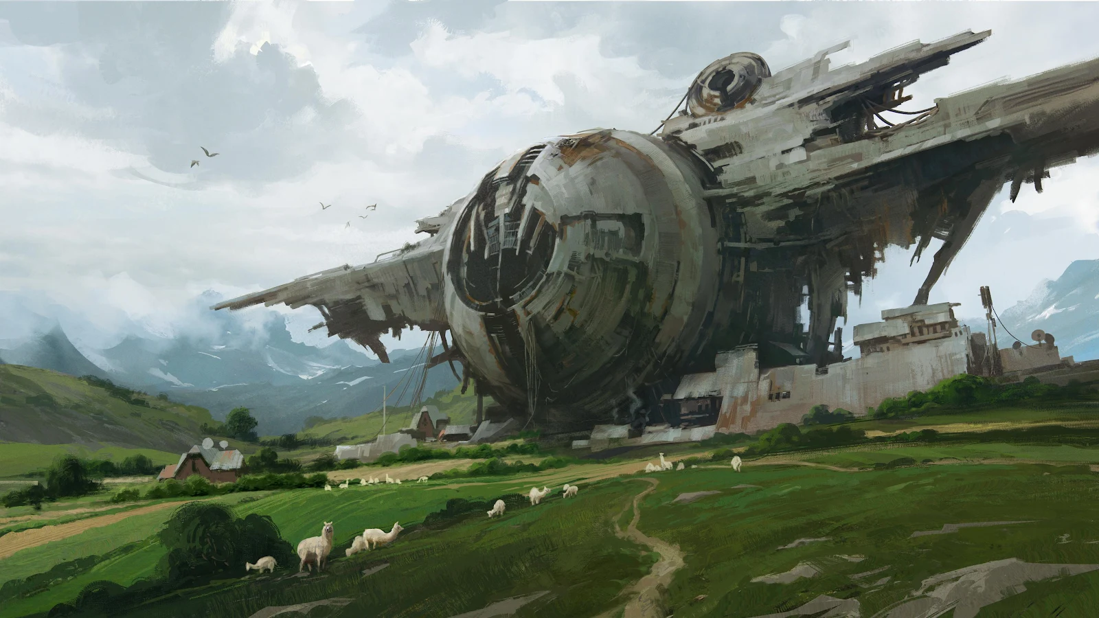 Abandoned Spaceship Over Green Hills - Sci-Fi Concept Art 4K Wallpaper (3840x2160)