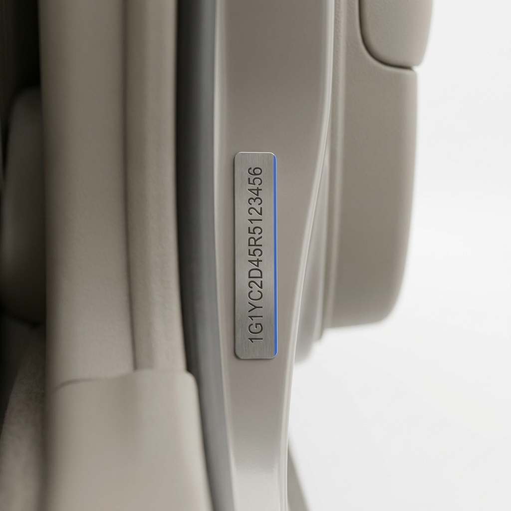 Close up of vehicle VIN plate on door jamb showing clear alphanumeric VIN on metal plate clean white background with subtle brand blue accent most reliable used cars