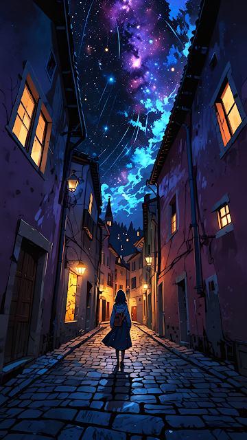 Anime Alleyway Night Sky Nebula Shooting Stars Art - Free mobile Wallpaper