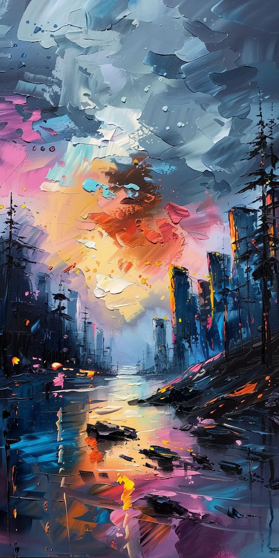 Vibrant Impasto Cityscape Painting Dramatic Sunset Colors - Free 4K mobile Wallpaper