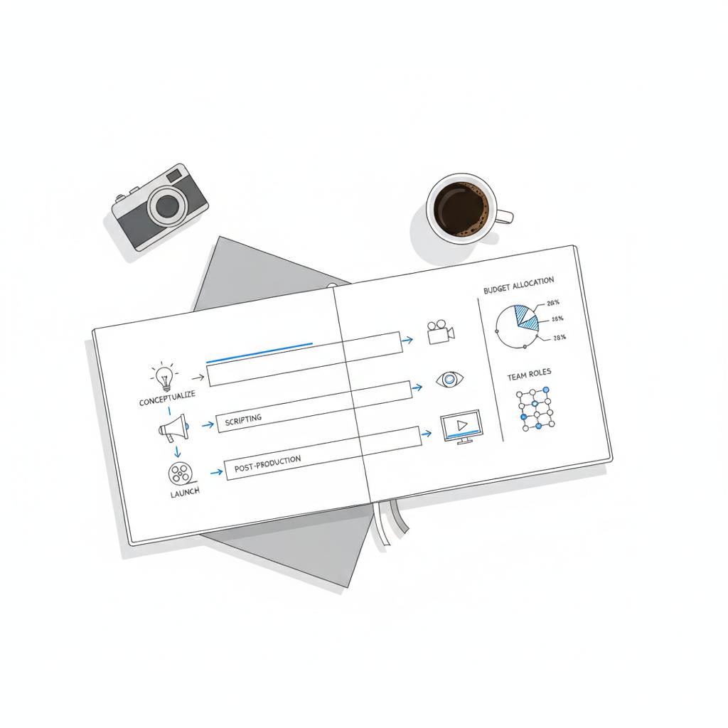 Minimal 2D vector flat-lay of a clean workspace with a sketched client timeline in a notebook, camera, coffee cup and fabric &mdash; TV ads planning concept in white, grey and blue accents.