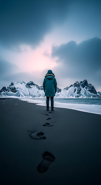 Lone Figure on Black Sand Beach with Snowy Vestrahorn Mountains - Free mobile Wallpaper