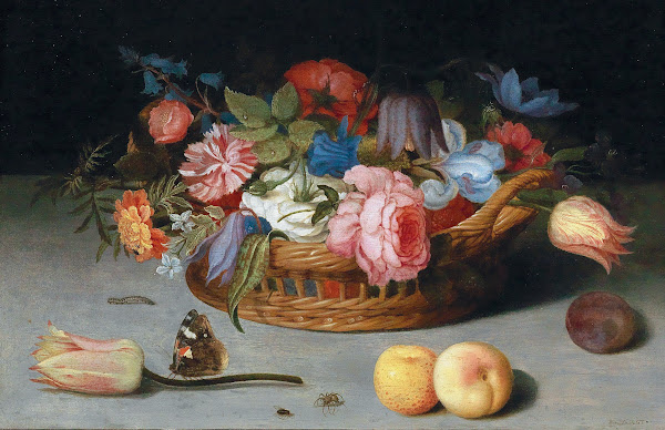 Roses Tulips Irises And Other Flowers In A Wicker Basket With Fruit And Insects